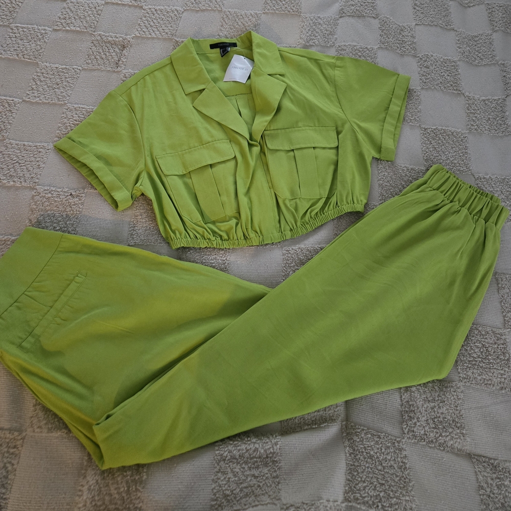 Forever 21 Bright Green Cropped Jumpsuit Set